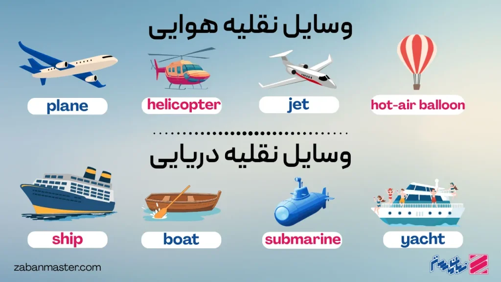 اسامی وسایل نقلیه هوایی و وسایل نقلیه دریایی در حمل و نقل در زبان انگلیسی